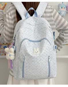 Light blue polka dot school backpack cute student bookbag large capacity casual daypack