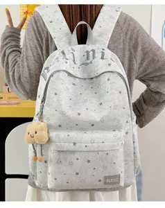 Grey mist star print school backpack for girls, casual travel double shoulder bag with cloud charm.