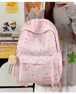 Pink star print school backpack detail, cute casual daily book bag with letter embroidery.