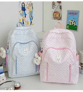 Cute polka dot cartoon school backpack for teen girls, large capacity sweet style double shoulder bag.