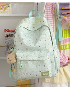 Cute mint green star print canvas backpack with bear pendant casual school bag for girls