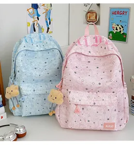 French vintage fog star printed canvas school backpack with cute plush cloud pendant for daily use.