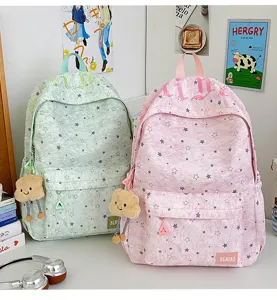 Canvas star print school backpack with cute cloud pendant for teenage girls commuter casual