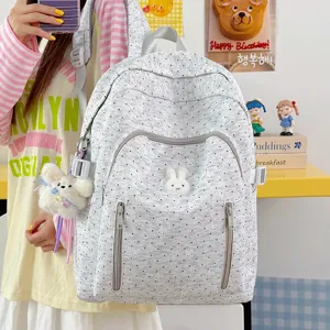 Cute Polka Dot Cartoon Rabbit School Backpack For Teen Girls Large Capacity Waterproof Nylon Bookbag