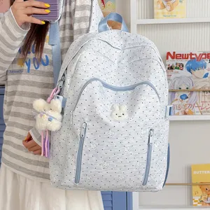 Cute polka dot cartoon school backpack with bunny pendant for teen girls daily use