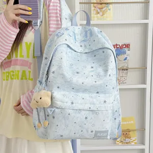 Cute light blue star print backpack for girls school casual commute versatile book bag