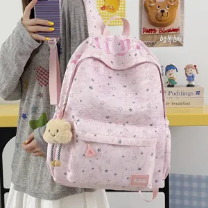 Pink star print school backpack with front pocket cute casual travel daypack for women