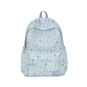 Light blue star print canvas backpack for women school casual daily travel schoolbag