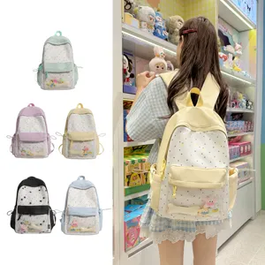 Japanese style sweet star canvas backpack with transparent front pocket and cute plush charms.