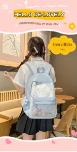 Japanese style cute star pattern backpack with transparent front pocket, sweet school bag for teens.