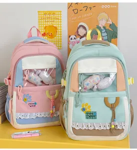 Cute Japanese style school backpack with transparent front pocket and sweet lace trim design.
