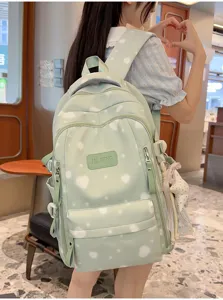 Green printed school backpack for women, Korean style casual daily daypack with pockets.