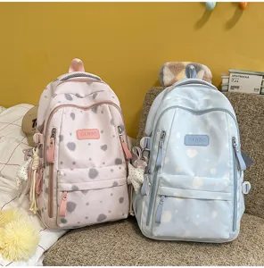 Detail view of cute multi-pocket student backpack with fresh print design, perfect daily use.
