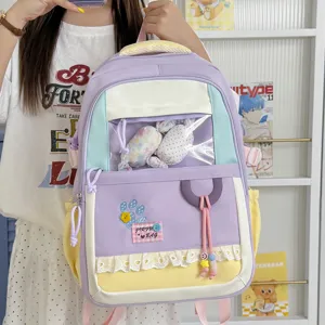 Cute pastel school backpack with clear window, multi-color sweet design and ruffles for daily use.