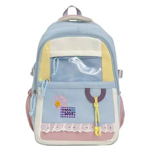 Multi-color patchwork ita backpack with lace trim, cute Japanese style daily school bag