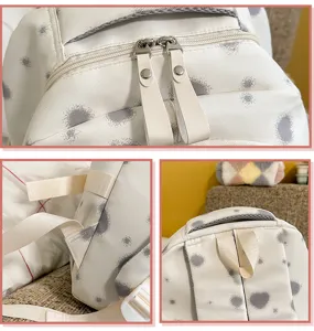 Close-up details of student backpack with cute dot pattern, dual zippers and straps.