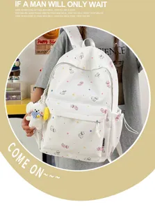 Korean style minimalist canvas backpack with cute cat prints and pendant for student daily.