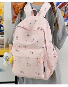Pink cute cat print canvas school backpack for teen girls casual travel daypack daily use