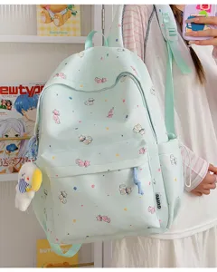 Mint green canvas backpack detail, cute cat print, multi-pocket school bag for daily use.