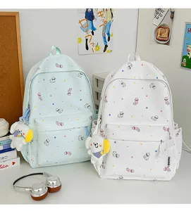 Cute cat print canvas school backpack ins style casual travel daypack for teen girls