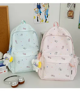 Cute kawaii cat print canvas school backpack for teen girls casual student bookbag