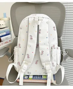 Cute white casual backpack with sweet cat print for women students daily travel use.