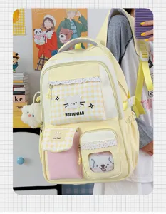 Zaino da scuola in tela estetico carino per adolescenti, borsa stile college giallo bianco.