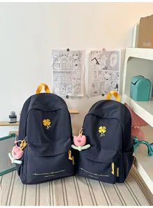 Minimalist casual canvas school backpack for students, cute clover embroidery stylish bookbag.