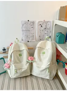 Casual canvas backpack for women school bookbag cute minimalist style with clover embroidery