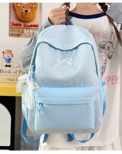 Sac à dos à carreaux bleu et blanc avec charmante broderie de nœud pour l'école et voyage.