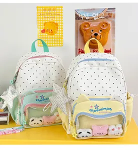 Cute polka dot canvas itabag backpack with transparent pocket and plush charms for girls