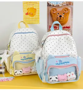 Cute star cat design canvas backpack with transparent pocket and cute plush toys for students.