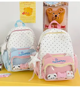 Cute polka dot cat ear student backpack transparent front ita bag detail view canvas school bag