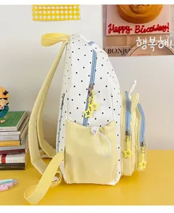 Detailed view of the cute polka dot school backpack with star zipper pulls and pockets.