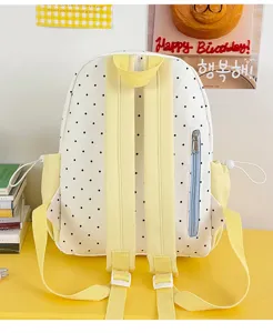 Cute polka dot backpack detail view showcasing yellow straps and blue zipper pocket.