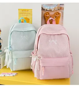 Sac à dos scolaire à carreaux mignon avec broderie nœud et pendentif perle pour le quotidien