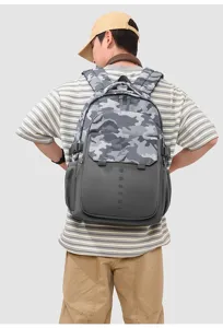 Detailed view of the large capacity gray camouflage backpack for travel and daily use.