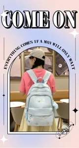 Light blue casual backpack for women and teens, cute star embroidery, large capacity daily use.