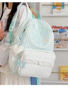 Sweet Japanese style backpack detail showing gingham pattern, lace trim and heart pendant.