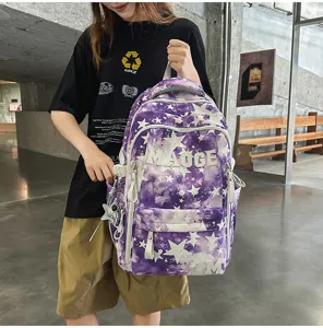 Grosse Kapazitaet lila Sternenprint Schulrucksack fuer Studenten und Paare taeglich Mode.