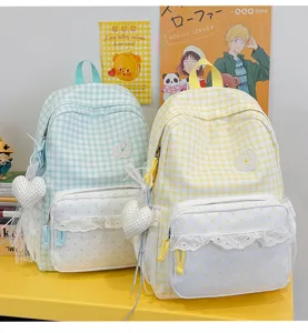 Detailed view of sweet Japanese style plaid backpack with cute lace ruffles and heart charm.