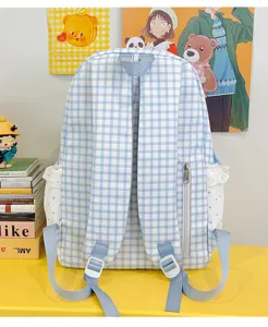 Light blue plaid backpack detail, cute lace trim and double straps, sweet student bookbag.