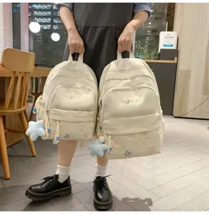Casual canvas backpack for women large capacity school bag stylish travel daypack with stars