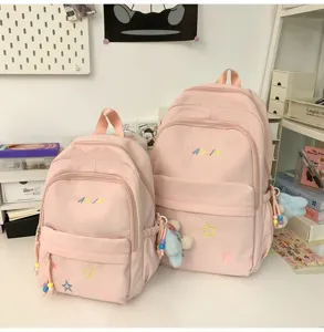 Pink school backpack set for women, cute star embroidery large capacity casual bag.