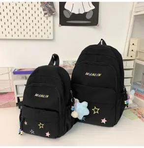 Black school backpack set for women student daily travel lightweight star embroidered bag