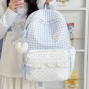 Japanese Sweet Style Plaid Lace Trim Schoolbag Cute Macaron Color Waterproof Travel Student Backpack For Girls