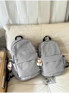 Korean style grey plaid canvas backpack for women students, casual lightweight travel school bag.