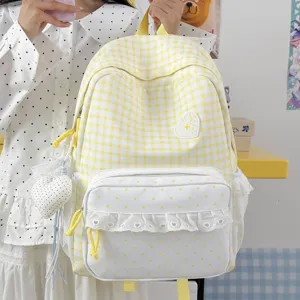 Sweet plaid and polka dot backpack with lace trim, cute girlish school bag for daily travel.