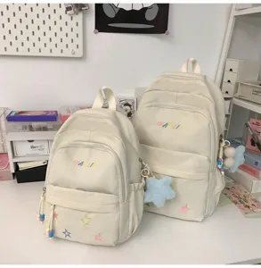 Detailed view of trendy canvas backpack with cute star embroidery, large capacity daily school bag.