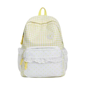 Sweet Japanese style plaid lace backpack for girls, cute student school bag and travel daypack.